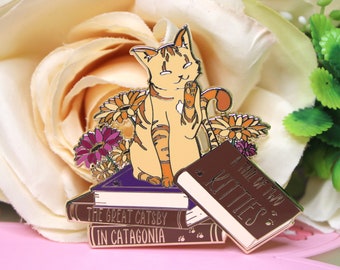 Orange Cat on Book with Puns - Hard Enamel Pin