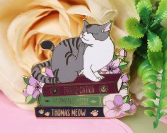 Silver Cat on Book with Puns - Hard Enamel Pin