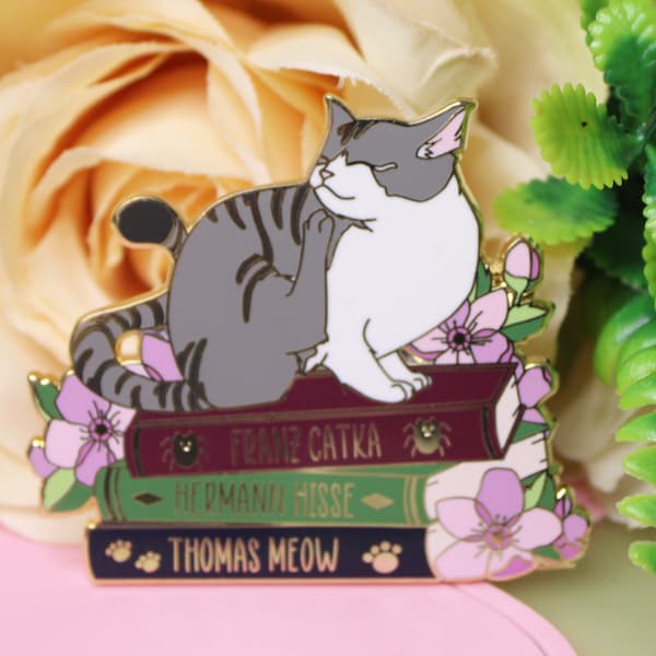 Silver Cat on Book with Puns - Hard Enamel Pin