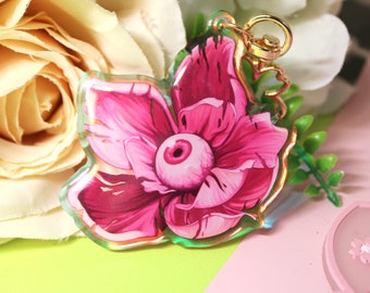 Flower with Eye: Rainbow Acrylic Keychain/Charm - Eyeball Magnolia - Bright Pink Horror Jewellery / Accessory