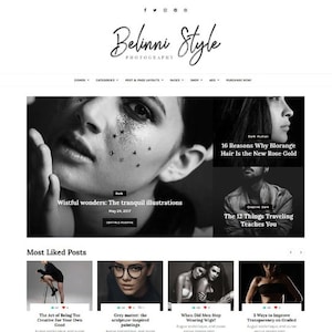 May include: Website homepage with the "Belinni Style Photography" logo in a stylish script. The page displays black and white photography, including portraits and articles with titles such as "Wistful wonders" and "16 Reasons Why Blorange Hair Is the New Rose Gold."