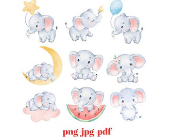 Lindo elefante clipart, acuarela bebé niño elefante ilustración, lindo elefante con corona, elefante de guardería, azul, elefante bebé plateado PNG