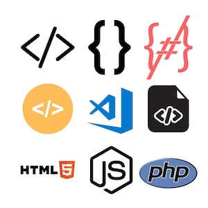 Può includere: Una collezione di loghi di linguaggi di programmazione, tra cui HTML5, JavaScript, PHP e C#. I loghi sono in vari colori e stili, tra cui bianco e nero, blu e rosso.