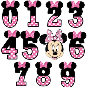 May include: Pink and black Minnie Mouse themed numbers 0 through 9 with white polka dots. The numbers are in a bold, cartoon-like font. The numbers have Minnie Mouse ears and a pink bow on top.