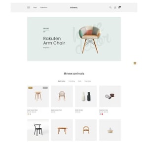 May include: A website homepage for a furniture store called "minera." The homepage features a colourful armchair with a geometric pattern and the text "home decor." The homepage also features a section called "#new.arrivals" with images of various furniture items, including a round table, a chair, a bottle grinder, a telephone case, a black chair, a wooden table, a wooden chair, and a white boat.