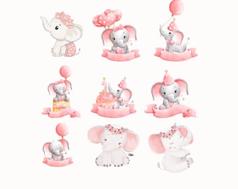 Cute elephant clipart, watercolor baby Boy elephant illustration, cute elephant with crown, nursery elephant, Pink , Pink baby elephant PNG