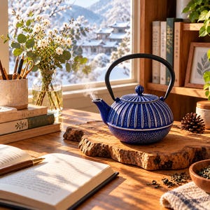 May include: A round, deep blue cast iron teapot with a ribbed texture and a black arched handle. The teapot features a small lid with a knob and a spout emitting a thin wisp of steam, resting on a natural wood slice surface.