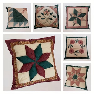 Op de afbeelding: Een verzameling van zes decoratieve sierkussens met gewatteerde ontwerpen. De kussens hebben verschillende patronen, waaronder geometrische vormen, bloemmotieven en stervormige ontwerpen. Kleuren zijn crème, groen, bordeauxrood en bloempatronen.