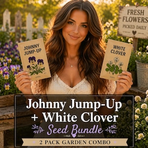 May include: A woman holds two seed packets: "Johnny Jump-Up" and "White Clover." The Johnny Jump-Up packet features purple and yellow pansies, while the White Clover packet shows green clovers. The image includes a sign that reads "Fresh Flowers Picked Daily."