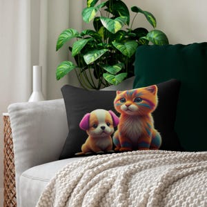Playful Pets Lumbar Pillow - Cozy Home Decor for Animal Lovers, Pet Themed Gift, Colorful Cat and Dog Design, Cushion, Living Room Accent
