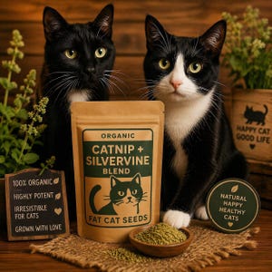 May include: Two cats, one black and one tuxedo, flank a bag of "Organic Catnip + Silvervine Blend" cat treats. A small wooden sign reads "100% Organic, Highly Potent, Irresistible for Cats, Grown with Love." A wooden bowl holds the catnip.