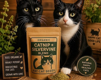 May include: Two cats, one black and one tuxedo, flank a bag of "Organic Catnip + Silvervine Blend" cat treats. A small wooden sign reads "100% Organic, Highly Potent, Irresistible for Cats, Grown with Love." A wooden bowl holds the catnip.