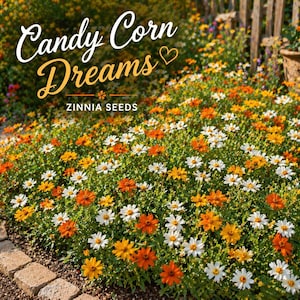 May include: A vibrant garden bed filled with Zinnia flowers in shades of orange, yellow, and white. The text "Candy Corn Dreams" and "Zinnia Seeds" are displayed in a decorative font. A wooden fence and a brick border are visible.