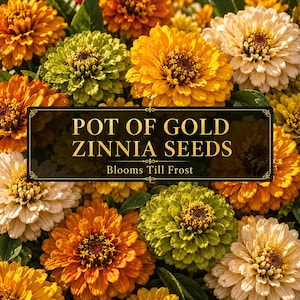 May include: A collection of vibrant zinnia flowers in shades of orange, yellow, and lime green. A black rectangular label is centered over the flowers with gold text that reads POT OF GOLD ZINNIA SEEDS and below it Blooms Till Frost.