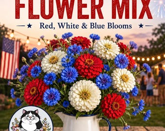 Zinnia Farmhouse Flag Flower Mix Seeds, Red White and Blue Zinnias & Cornflowers, Patriotic Flowers