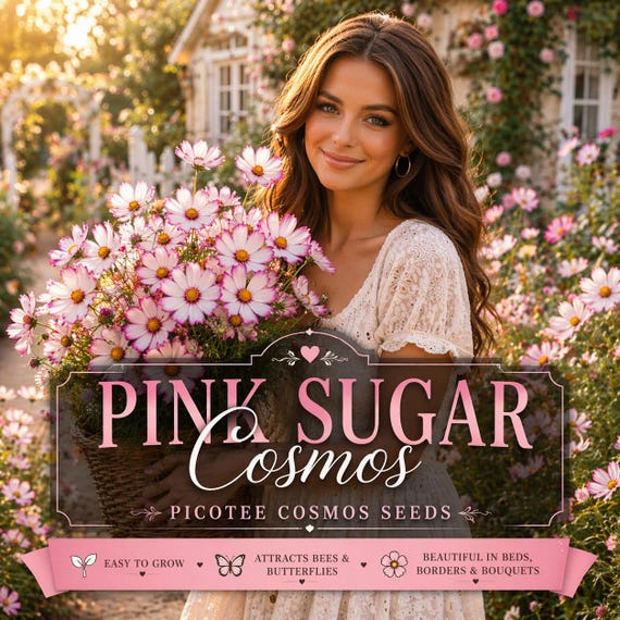 Pink Sugar Cosmos Seeds, Picotee Cosmos, White and Pink Cut Flower Annual Seed.