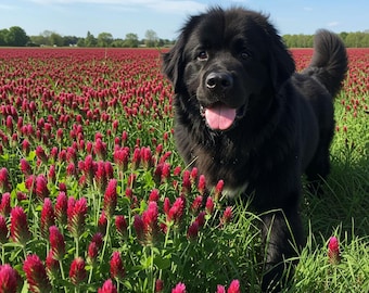 May include: A black Newfoundland dog with a white patch on its chest stands in a field of red clover.