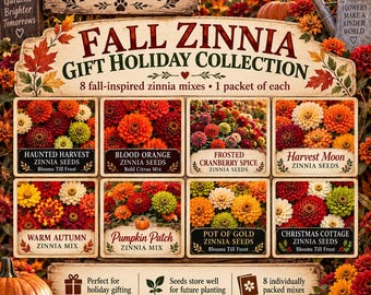 Fall Zinnia Seed Gift Collection | 8 Autumn Flower Seed Mixes | Holiday Gardener Gift | FatCatSeeds Exclusive Zinnia Bundle