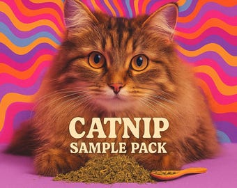 May include: A fluffy brown tabby cat with large orange eyes is the focal point of this image. The text "CATNIP SAMPLE PACK" is displayed over a pile of catnip and a small wooden spoon. The background features a colorful, wavy pattern.
