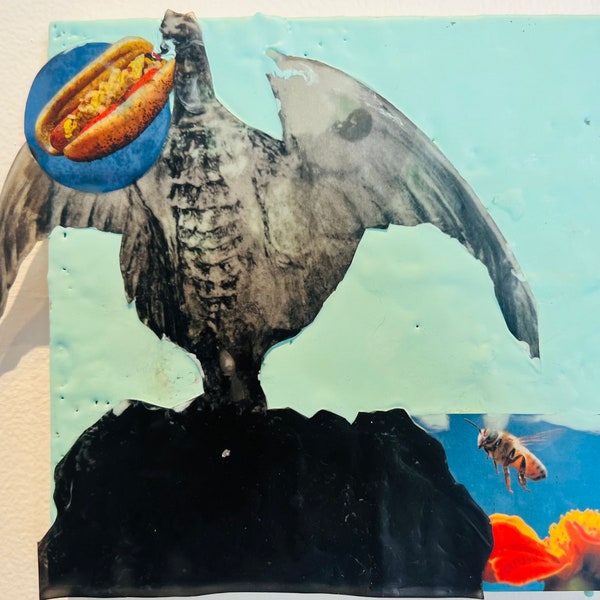 Fine Art Wax Collage: Hot Dog Bird