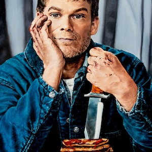 May include: A man in a blue denim jacket holds a knife over a stack of pancakes with syrup. The man has blood on his hands and a serious expression on his face.