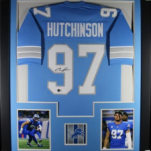 Aiden Hutchinson (Detroit Lions blue tower) Signed Autographed Framed Jersey Beckett coa