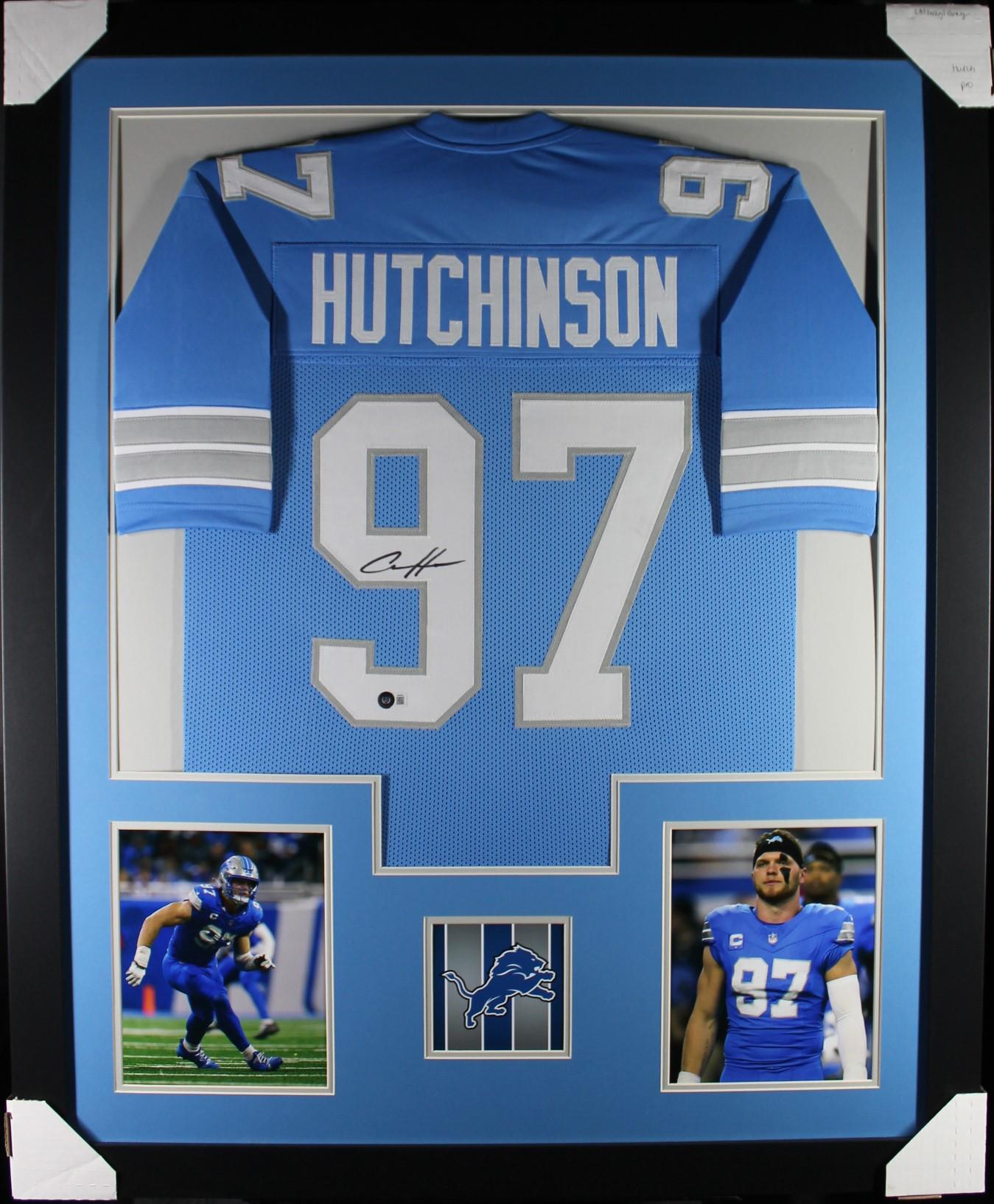 Aiden Hutchinson (Detroit Lions blue tower) Signed Autographed Framed Jersey Beckett coa
