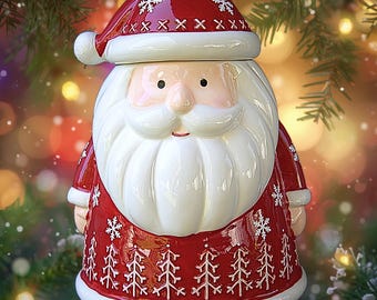 Puede incluir: Un tarro de galletas de cerámica con forma de Papá Noel, que presenta un gorro rojo brillante con copos de nieve blancos y un borde blanco. La figura tiene una gran barba blanca, un rostro color melocotón y un abrigo rojo con abetos blancos.