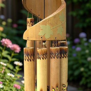 Könnte beinhalten: Ein Windspiel aus Bambus mit einem spiralförmigen Oberteil, das das Wort dream in gelben Buchstaben trägt. Das Windspiel hat mehrere hängende zylindrische Bambusrohre, die jeweils mit Brandmalerei-Mustern und gelb bemalten Sonnenblumen verziert sind.