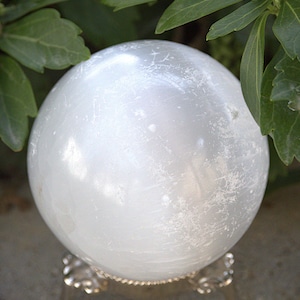 Vintage Selenite Crystal Sphere: Polished White Healing Decor (1980s, 3 Inches, with Stand)