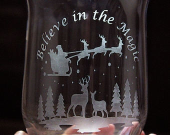 Handmade Frosted Glass Christmas Vase: Etched Santa and Reindeer