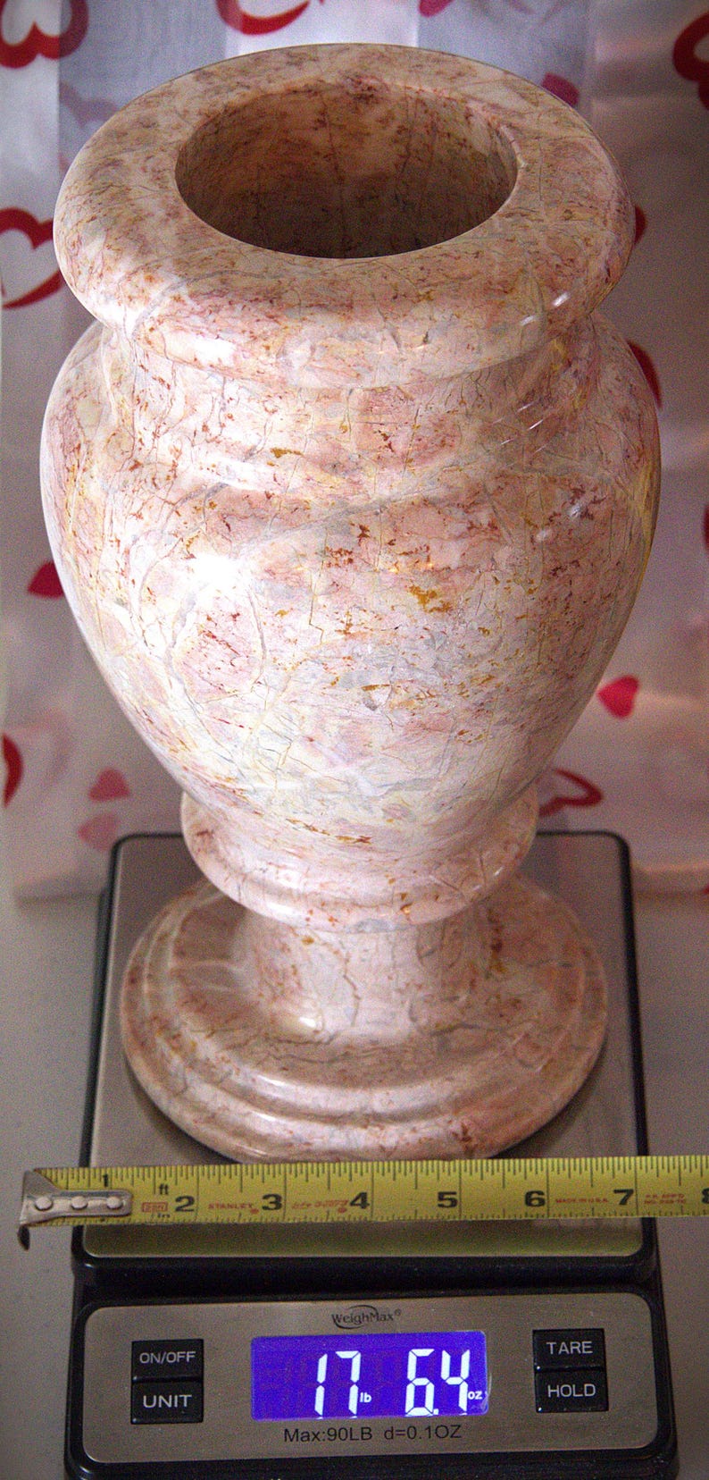 Large Vintage Pink Marble Vase – Heavy Stone Home Decor, Mid Century Modern Marble Vessel, Retro Mantel Vase, Elegant Sculptural Table Decor