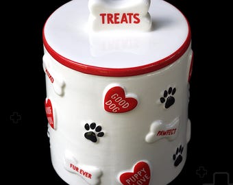 Handcrafted Ceramic Dog Treat Jar | Paw Prints, Hearts, Bones, Farmhouse Pet Storage