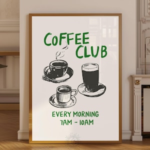 Coffee Club Poster Niedliches Kaffeebar-Dekor Club-Kaffee-Wandkunst Kaffeedruck Küchendekor Kaffeeliebhaber-Poster Retro Kaffeewagen-Druck Grün