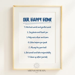 Our Happy Home House Rules Printable Family House Rules Dos and Dont For Kids Rules For House For Kids Home Values For Kids Blue Poster