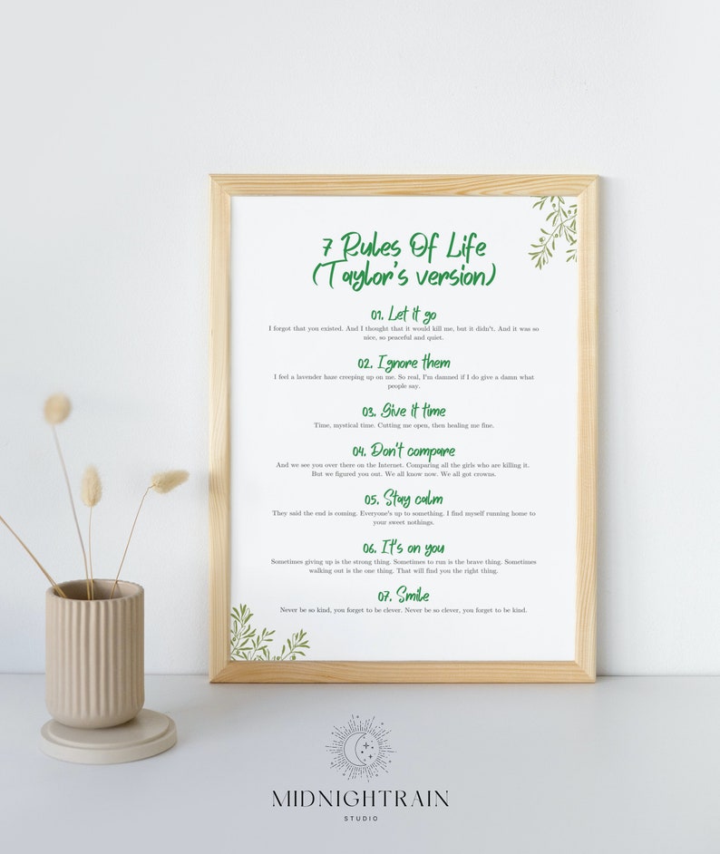 7 Rules of Life With Taylor Swift Lyrics Motivational Print