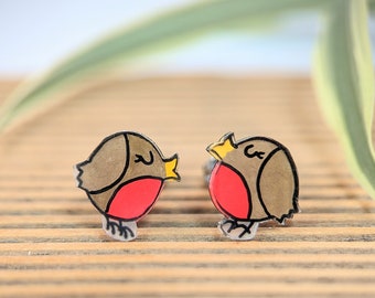 Christmas Robin Stud Earrings, christmas party earrings for christmas gift idea for animal lover stocking filler gift for holidays small