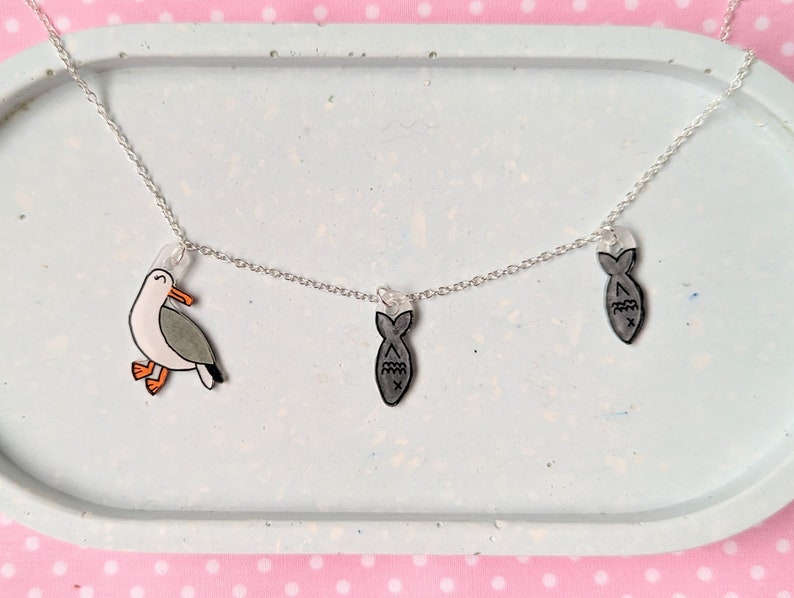 Cute seagull necklace, seagull and fish, seaside jewellery image 7