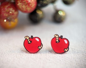 Fun autumn earrings, apple and worm earrings, earrings for autumn, fruit themed earrings, cute kawaii earrings, hypoallergenic studs