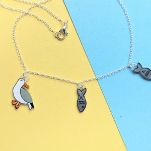 Cute seagull necklace, seagull and fish, seaside jewellery image 1