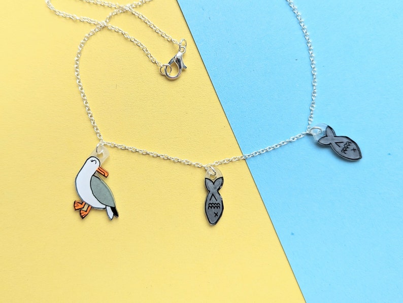 Cute seagull necklace, seagull and fish, seaside jewellery image 1