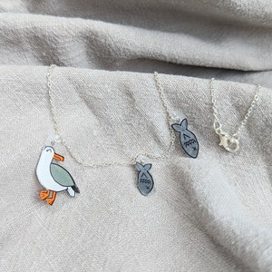 Cute seagull necklace, seagull and fish, seaside jewellery image 2