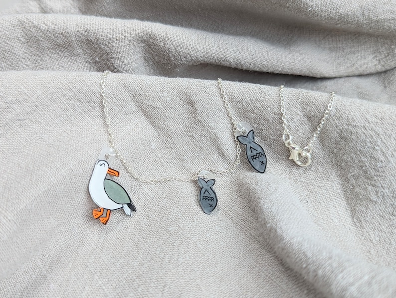 Cute seagull necklace, seagull and fish, seaside jewellery image 2