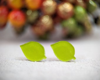 Green Leaf Earrings,  bright green statement studs, gift for nature lover, gift for gardener, gift ideas for her, mens earrings