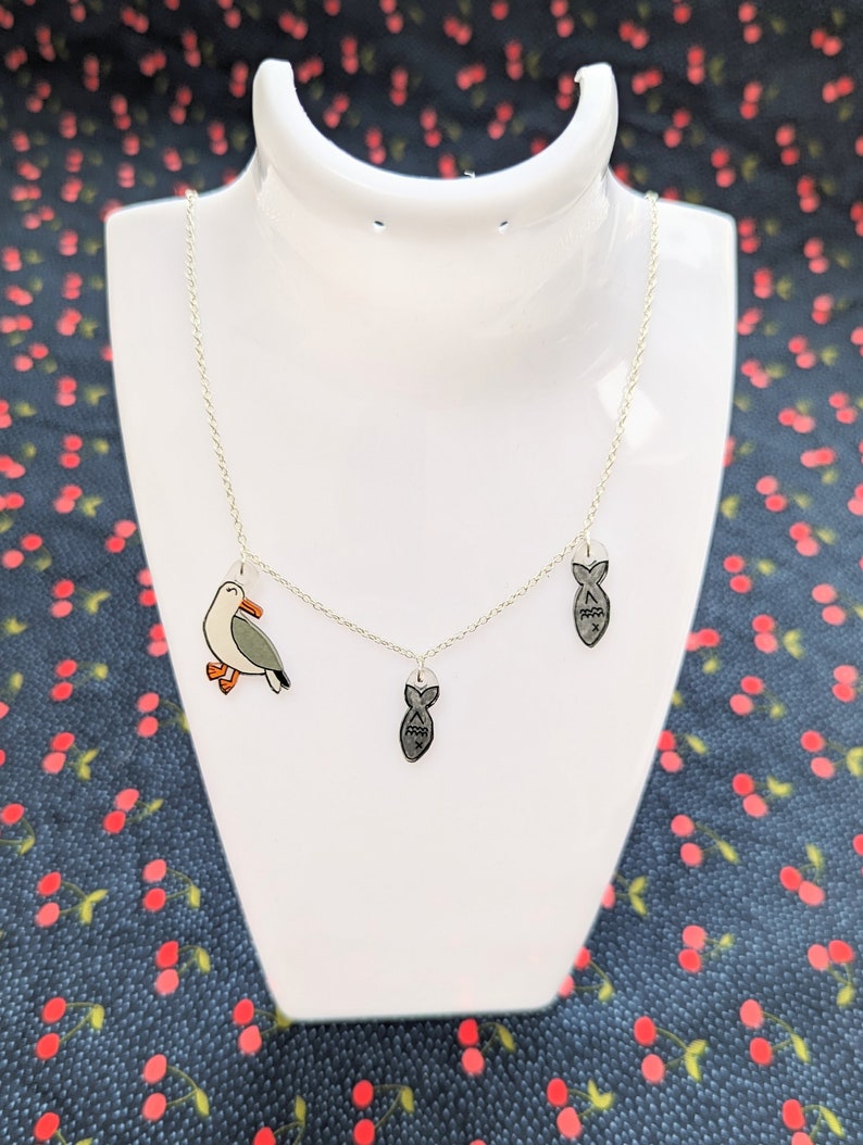 Cute seagull necklace, seagull and fish, seaside jewellery image 8