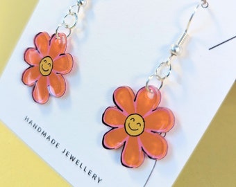 Retro flower power dangle earrings, hot pink and orange statement boho style earrings, 60s and 70s hippy style jewellery