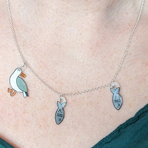 Cute seagull necklace, seagull and fish, seaside jewellery image 5