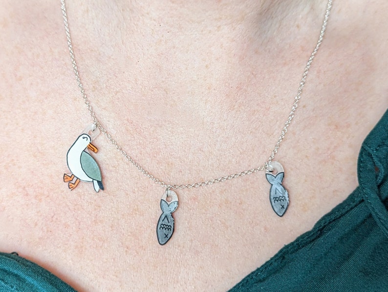 Cute seagull necklace, seagull and fish, seaside jewellery image 5