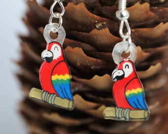 Tropical Parrot Dangly Earrings, parrot earrings, pirate earrings, gift for nature lover, fun kawaii party earrings, gift for animal lover