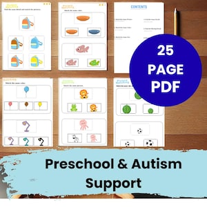May include: Educational worksheets for preschool and autism support, featuring matching activities. The pages include matching colours, details, and sizes. A blue circle displays "25 PAGE PDF" and the text "Preschool & Autism Support".